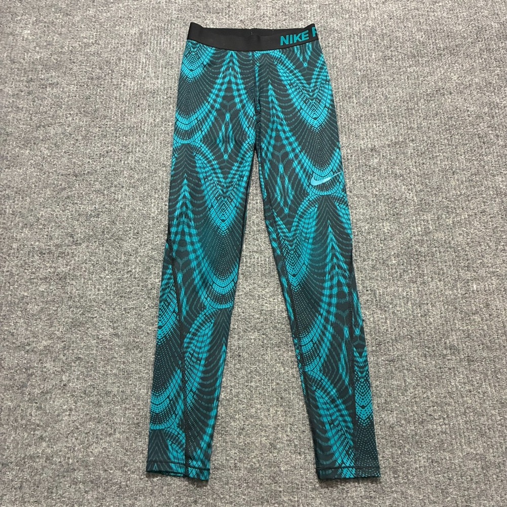 Nike Pro Womens Leggings Size XS Blue Graphic Logo Waistband Pull On Stretch